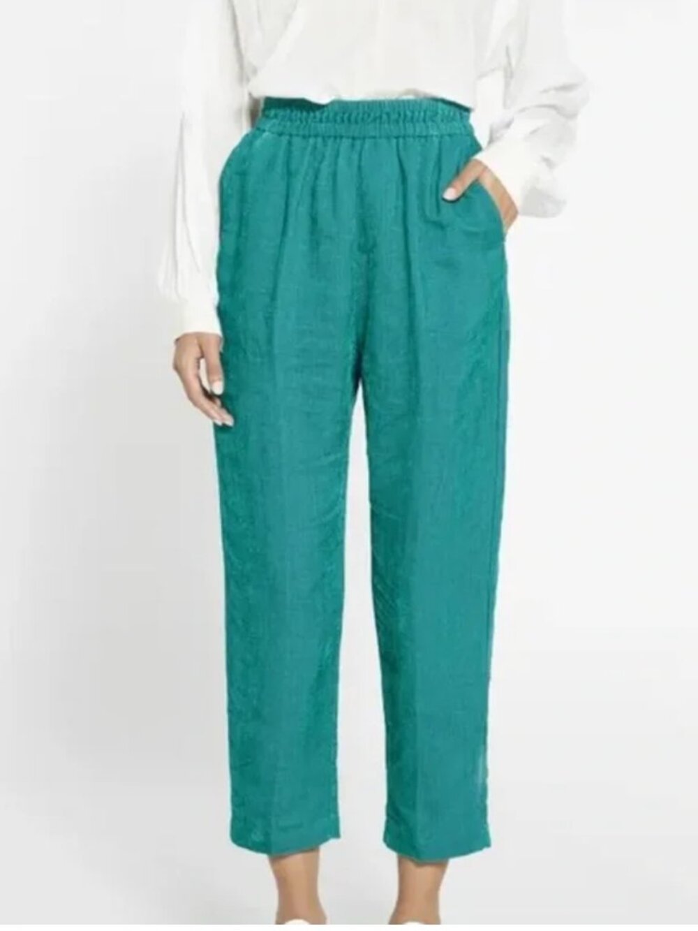 Forte Forte Linen Viscose Corduroy Teal Blue Tapered Elastic Pull-on Trousers 4